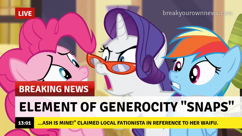 Size: 1280x720 | Tagged: breaking news, break your own news, derpibooru import, edit, edited screencap, pinkie pie, rainbow dash, rarity, rarity's glasses, safe, screencap, trio, waifu