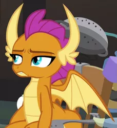 Size: 503x551 | Tagged: a horse shoe-in, bored, chair, cropped, derpibooru import, doctor whooves' lab, dragon, dragoness, fangs, female, frown, horns, invention, laboratory, looking at someone, narrowed eyes, safe, screencap, smolder, smolder is not amused, solo, spread wings, teenaged dragon, teenager, unamused, unimpressed, waiting, wings