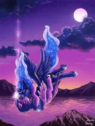 Size: 750x1000 | Tagged: safe, artist:blackkaries, artist:tanukiri, derpibooru import, princess luna, twilight sparkle, twilight sparkle (alicorn), alicorn, pony, cloud, crown, eyes closed, falling, female, freefall, holding each other, hoof shoes, horn, horns are touching, hug, jewelry, kissing, lesbian, mare, moon, mountain, mountain range, peytral, regalia, scenery, shipping, sparkles, spread wings, starry night, twilight (astronomy), twiluna, water, wings