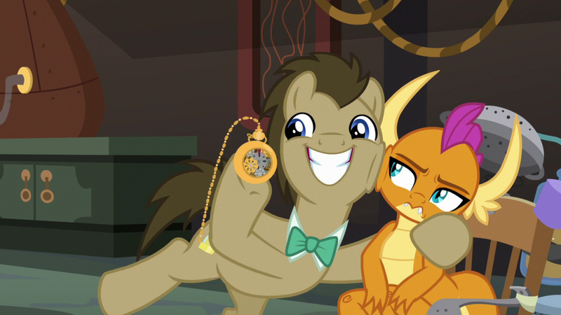 Size: 1920x1080 | Tagged: safe, derpibooru import, screencap, doctor whooves, smolder, time turner, dragon, earth pony, pony, a horse shoe-in, bored, chair, cheek to cheek, clockwork, cute, doctor whooves' lab, doctorbetes, dragoness, duo, excited, fangs, female, frown, grin, horns, invention, laboratory, looking to side, male, narrowed eyes, passionate, pocket watch, side hug, slit eyes, smiling, smolder is not amused, squishy cheeks, stallion, teenaged dragon, teenager, unamused, unimpressed
