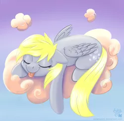 Size: 4100x4000 | Tagged: safe, artist:solarspark, derpibooru import, derpy hooves, pegasus, pony, absurd resolution, atg 2020, cloud, eyes closed, female, floppy ears, lying on a cloud, mare, newbie artist training grounds, on a cloud, prone, sky, sleeping, smiling, solo, tongue out