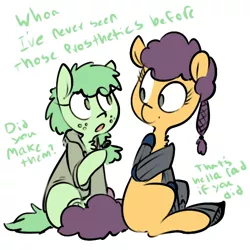 Size: 600x600 | Tagged: artist:whydomenhavenipples, clothes, derpibooru import, dialogue, duo, female, hoodie, mare, oc, oc:lithium flower, prosthetics, safe, unofficial characters only