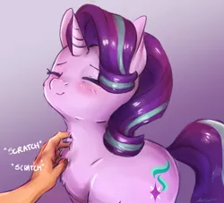 Size: 2804x2542 | Tagged: safe, alternate version, artist:buttersprinkle, derpibooru import, starlight glimmer, human, pony, behaving like a cat, blushing, buttersprinkle is trying to murder us, chest fluff, cute, daaaaaaaaaaaw, disembodied hand, eyes closed, glimmerbetes, hand, human on pony petting, offscreen character, offscreen human, petting, purring, scratching, simple background