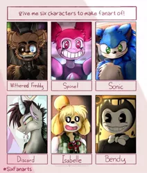 Size: 1080x1271 | Tagged: animal crossing, anthro, artist:creepy_plant_from_toyland, bendy, bendy and the ink machine, bust, chest fluff, clothes, crossover, :d, derpibooru import, discord, dog, draconequus, female, five nights at freddy's, freddy fazbear, isabelle, makeup, male, open mouth, running makeup, safe, six fanarts, smiling, sonic movie 2020, sonic the hedgehog, sonic the hedgehog (series), spinel (steven universe), steven universe, white eyes