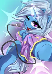 Size: 1280x1814 | Tagged: safe, artist:iceflare0714, derpibooru import, trixie, pony, unicorn, alternate hairstyle, babysitter trixie, bipedal, clothes, female, glowing horn, hoodie, horn, magic, mare, microphone, one eye closed, open mouth, solo, stars, telekinesis, wink