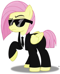 Size: 2400x2935 | Tagged: safe, artist:anime-equestria, derpibooru import, fluttershy, pegasus, pony, alternate hairstyle, badass, clothes, female, flutterbadass, mare, necktie, pulp fiction, raised eyebrow, shirt, simple background, suit, sunglasses, transparent background, vector, wings