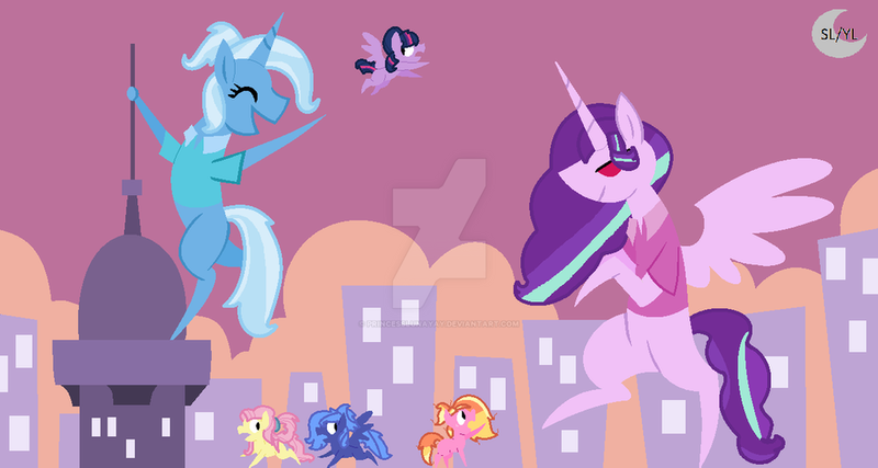 Size: 1024x547 | Tagged: safe, artist:princesslunayay, derpibooru import, fluttershy, luster dawn, princess luna, starlight glimmer, trixie, twilight sparkle, alicorn, earth pony, pegasus, pony, alicorn starlight glimmer, alicornified, alternate hairstyle, alternate universe, base used, celestiaverse, city, clothes, deviantart, deviantart watermark, earth pony fluttershy, female, giant pony, giant starlight glimmer, giant trixie, giant unicorn, giantess, logo, macro, mega trixie, micro, obtrusive watermark, pegasus luna, pegasus twilight sparkle, pointy ponies, ponytail, race swap, red eyes, s1 luna, shirt, starlicorn, title card, trixiecorn, watermark, xk-class end-of-the-world scenario, younger