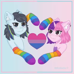 Size: 2000x2000 | Tagged: safe, artist:nekoshanka, derpibooru import, oc, oc:blinking cursor, oc:lukshana, unofficial characters only, pony, unicorn, bisexual, bisexual pride flag, blue, clothes, couple, cute, ear fluff, female, heart, kneesocks, lgbt, male, pastel, pink, pride, pride flag, pride month, rainbow, rainbow socks, socks, striped socks