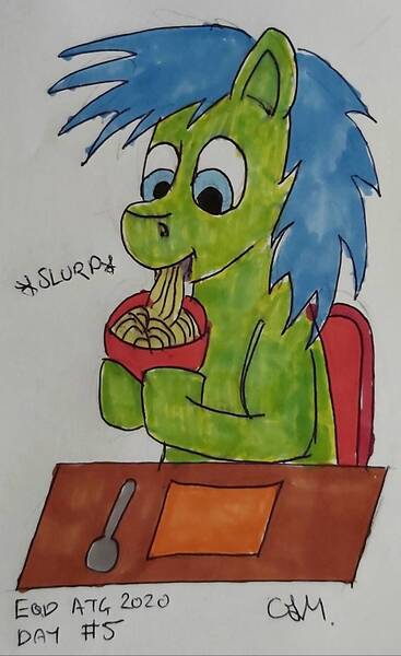 Size: 775x1268 | Tagged: safe, artist:rapidsnap, derpibooru import, oc, oc:rapidsnap, unofficial characters only, pony, atg 2020, eating, food, newbie artist training grounds, noodles, slurp, solo, traditional art