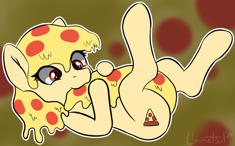 Size: 1392x870 | Tagged: safe, artist:llametsul, derpibooru import, oc, oc:mozzarella orgy, ponified, unofficial characters only, food pony, original species, pizza pony, pony, atg 2020, autocannibalism, biting, cannibalism, cute, cutie mark, female, food, holding tail, legs in air, mare, newbie artist training grounds, nom, ocbetes, on back, pizza, simple background, solo, tail bite