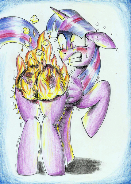 Size: 1652x2320 | Tagged: safe, artist:3500joel, derpibooru import, twilight sparkle, twilight sparkle (alicorn), alicorn, pony, burned, burned butt, burned butt fetish, butt, butt fire, female, fetish, fire, literal butthurt, mare, pain, plot, solo, traditional art