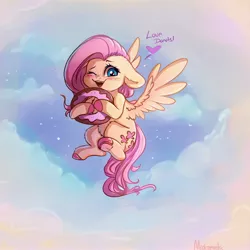 Size: 4000x4000 | Tagged: safe, artist:miokomata, derpibooru import, fluttershy, pegasus, pony, absurd resolution, belly fluff, blushing, cloud, colored hooves, cute, dialogue, donut, ear fluff, female, floppy ears, flying, food, freckles, freckleshy, heart, holding, hoof hold, leg fluff, looking at you, mare, one eye closed, shyabetes, sky, solo, spread wings, underhoof, wings