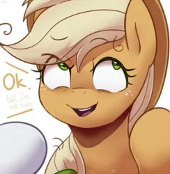 Size: 3708x3800 | Tagged: safe, artist:maren, derpibooru import, applejack, mean applejack, mean rarity, pony, the mean 6, bust, clone, dialogue, female, freckles, high res, liarjack, mare, offscreen character, open mouth, portrait, simple background, white background