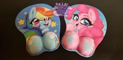 Size: 1080x525 | Tagged: suggestive, artist:techycutie, derpibooru import, pinkie pie, rainbow dash, earth pony, pegasus, pony, both cutie marks, butt, cutie mark, food, frosting, irl, mousepad, mousepad for the fearless, photo, squishy, stars, watermark