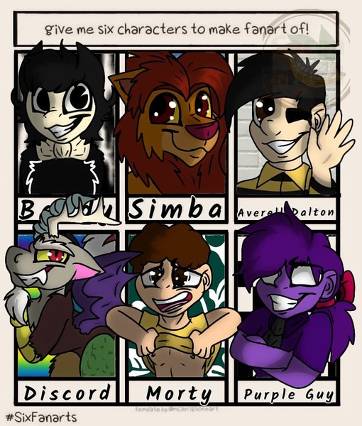 Size: 852x1003 | Tagged: artist:cocoa_moood__, averell dalton, bendy and the ink machine, big cat, bust, clothes, crossed arms, crossover, derpibooru import, discord, draconequus, femboy, five nights at freddy's, grin, human, lion, lucky luke, male, morty smith, nudity, one eye closed, purple guy, questionable, rick and morty, shirt, shirt lift, simba, six fanarts, smiling, wink