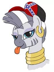 Size: 508x682 | Tagged: safe, artist:anonymous, derpibooru import, zecora, zebra, baseball cap, cap, confederate flag, cursed image, description more entertaining, ear piercing, earring, female, flag, funny, funny as hell, hat, implied applejack, irony, jewelry, lidded eyes, looking at you, mare, neck rings, op is on drugs, piercing, raspberry, simple background, smiling, solo, tongue out, unfortunate implications, wait that's illegal, wat, white background