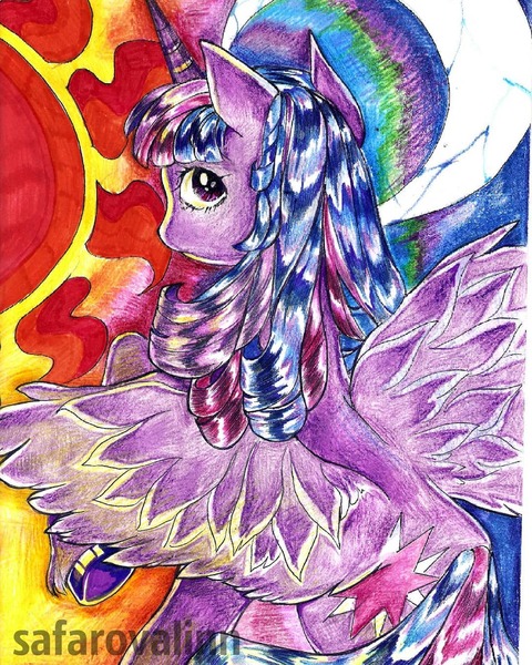 Size: 1080x1351 | Tagged: safe, artist:lloline, derpibooru import, twilight sparkle, twilight sparkle (alicorn), alicorn, pony, colored hooves, crescent moon, female, looking back, mare, moon, solo, sun, traditional art