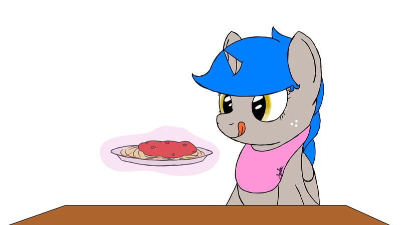 Size: 1920x1080 | Tagged: safe, artist:spritepony, derpibooru import, oc, oc:sprite, unofficial characters only, alicorn, pony, alicorn oc, bib, eyes on the prize, food, horn, licking, licking lips, magic, newbie artist training grounds, offscreen character, pasta, simple background, sitting, solo, spaghetti, telekinesis, tongue out, wings