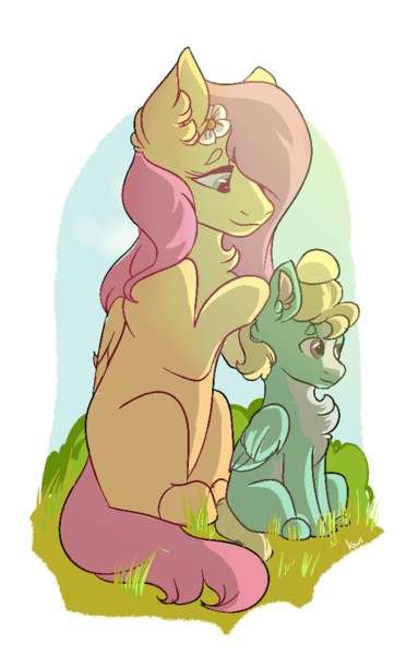 Size: 651x1020 | Tagged: safe, artist:kiwi4578, derpibooru import, fluttershy, zephyr breeze, pegasus, pony, blank flank, brother and sister, chest fluff, colt, colt zephyr breeze, duo, ear fluff, female, filly, filly fluttershy, flower, flower in hair, folded wings, hair over one eye, male, mare, outline, partial background, siblings, simple background, sitting, transparent background, white outline, wings, younger