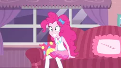 Size: 1920x1080 | Tagged: safe, derpibooru import, screencap, pinkie pie, equestria girls, equestria girls series, pinkie sitting, couch, crazy smile, cute, diapinkes, excited, solo