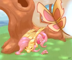 Size: 2048x1707 | Tagged: safe, artist:tigerett01, derpibooru import, fluttershy, butterfly, pegasus, pony, crossover, cute, dappled sunlight, duo, eyes closed, female, flower, house, kirby, kirby (character), mare, nap, outdoors, prone, sleeping, tree, under the tree, wings