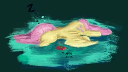 Size: 1148x646 | Tagged: safe, artist:dummyhorse, derpibooru import, fluttershy, pegasus, pony, atg 2020, drunk bubbles, faceplant, female, juice, juice box, mare, newbie artist training grounds, onomatopoeia, passed out, prone, solo, sound effects, spread wings, wings, zzz