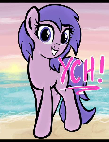 Size: 1536x2000 | Tagged: safe, artist:lannielona, derpibooru import, pony, advertisement, beach, commission, female, hoofprints, looking at you, mare, ocean, sand, smiling, solo, sun, sunset, your character here