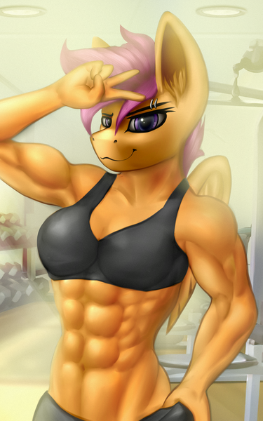 Size: 1250x2000 | Tagged: abs, anthro, armpits, artist:rizzyofen, belly button, biceps, breasts, clothes, derpibooru import, ear fluff, eyebrow piercing, female, fit, gym, gym uniform, jewelry, looking at you, mare, muscles, muscular female, older, older scootaloo, pegasus, piercing, scootaloo, sexy, solo, solo female, sports bra, strongaloo, suggestive