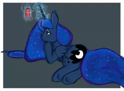 Size: 1881x1391 | Tagged: safe, artist:dummyhorse, derpibooru import, princess luna, alicorn, pony, female, folded wings, frame, glowing horn, gray background, horn, lonely, looking at something, looking up, magic, mare, mobile phone, phone, prone, sad, simple background, smartphone, solo, wings