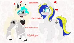 Size: 1920x1128 | Tagged: safe, artist:_wulfie, derpibooru import, oc, oc:double play, oc:wulfie, unofficial characters only, earth pony, pony, unicorn, blushing, clothes, earth pony oc, female, heart, heart eyes, horn, mare, oc x oc, paw prints, raised hoof, scarf, shipping, unicorn oc, valentine's day card, wingding eyes