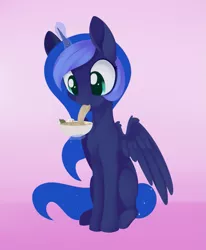 Size: 1107x1341 | Tagged: safe, artist:dusthiel, derpibooru import, princess luna, alicorn, pony, atg 2020, eating, female, food, glowing horn, gradient background, horn, looking at something, magic, mare, newbie artist training grounds, noodles, ramen, sitting, solo, spread wings, three quarter view, wings