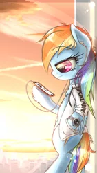 Size: 720x1280 | Tagged: artist:phoenixrk49, bipedal, chest fluff, clothes, crepuscular rays, derpibooru import, folded wings, headphones, hoof hold, leaning, listening, mobile phone, pegasus, phone, profile, rainbow dash, safe, semi-anthro, smartphone, solo, watch, wings, wristwatch