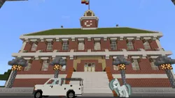Size: 1334x750 | Tagged: safe, artist:mrkupkake, artist:topsangtheman, derpibooru import, marble pie, earth pony, pony, city hall, ford f-150, looking at you, minecraft, photoshopped into minecraft, solo