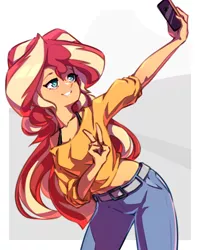 Size: 1600x2000 | Tagged: safe, artist:rockset, derpibooru import, sunset shimmer, equestria girls, abstract background, clothes, cute, female, peace sign, pixiv, selfie, shimmerbetes, smiling, solo