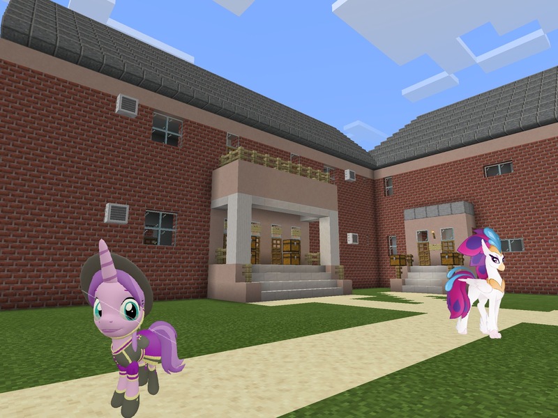 Size: 2048x1536 | Tagged: safe, artist:topsangtheman, derpibooru import, amethyst star, queen novo, classical hippogriff, hippogriff, pony, unicorn, my little pony: the movie, 3d, clothes, hat, looking at you, minecraft, photoshopped into minecraft, source filmmaker, uniform