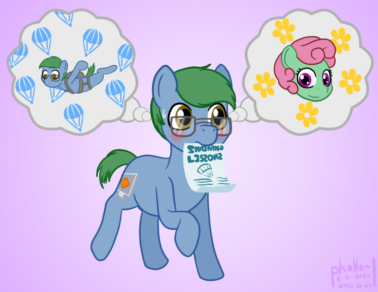 Size: 1000x772 | Tagged: safe, artist:phallen1, derpibooru import, oc, oc:software patch, oc:windcatcher, unofficial characters only, pony, atg 2020, blushing, daydream, gradient background, newbie artist training grounds, pamphlet, simple background, skydiving, walking, windpatch, written equestrian