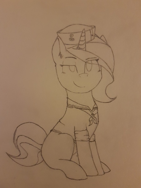 Size: 3024x4032 | Tagged: safe, artist:redcap, derpibooru import, oc, oc:ardent florette, unicorn, clothes, female, hat, mare, missing cutie mark, navy, neckerchief, rolled up sleeves, sitting, smug, solo, traditional art, uniform