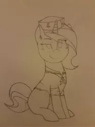 Size: 3024x4032 | Tagged: safe, artist:redcap, derpibooru import, oc, oc:ardent florette, unicorn, clothes, female, hat, mare, missing cutie mark, navy, neckerchief, rolled up sleeves, sitting, smug, solo, traditional art, uniform