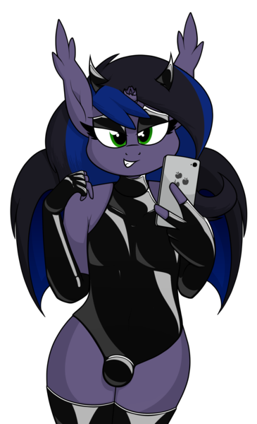 Size: 1413x2321 | Tagged: questionable, artist:moonatik, derpibooru import, oc, oc:kuro, unofficial characters only, anthro, bat pony, bat pony unicorn, hybrid, unicorn, bat pony oc, bat wings, broken horn, clothes, crossdressing, crotch bulge, cutie mark, evening gloves, fake horns, femboy, fingerless elbow gloves, fingerless gloves, gloves, horn, latex, latex gloves, leotard, long gloves, male, phone, simple background, solo, stallion, transparent background, wings