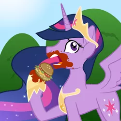 Size: 2000x2000 | Tagged: safe, artist:binkyt11, derpibooru import, princess twilight 2.0, twilight sparkle, twilight sparkle (alicorn), alicorn, pony, the last problem, atg 2020, burger, ethereal mane, female, food, hay burger, mare, messy eating, newbie artist training grounds, solo, twilight burgkle