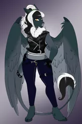 Size: 3035x4590 | Tagged: safe, artist:theecchiqueen, deleted from derpibooru, derpibooru import, oc, oc:pandie, oc:pandora, anthro, dracony, dragon, hybrid, pony, unguligrade anthro, anthro oc, biker jacket, candy, clothes, cloven hooves, digital art, female, food, leonine tail, lollipop, mare, multicolored hair, redesign, solo