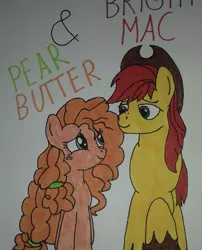 Size: 750x929 | Tagged: safe, artist:electric spark, derpibooru import, bright mac, pear butter, earth pony, pony, the perfect pear, braid, brightbutter, cowboy hat, female, hat, looking at each other, male, mare, shipping, simple background, smiling, stallion, straight, text, traditional art, walking, white background