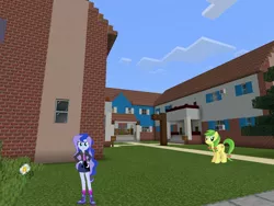 Size: 2048x1536 | Tagged: safe, artist:eugenebrony, artist:punzil504, artist:topsangtheman, derpibooru import, apple fritter, princess luna, earth pony, pony, equestria girls, apple family member, daisy (flower), house, looking at you, minecraft, photoshopped into minecraft, tree