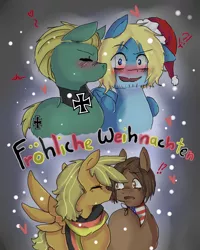 Size: 800x1000 | Tagged: safe, artist:ask-pony-gerita, derpibooru import, ponified, earth pony, pegasus, pony, ask, beard, blushing, christmas, exclamation point, eyes closed, facial hair, gay, germany, hat, heart, hetalia, holiday, interrobang, jewelry, kissing, male, merry christmas, necklace, open mouth, question mark, santa hat, stallion, surprised