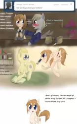 Size: 695x1111 | Tagged: safe, artist:askponybrandenburg, derpibooru import, ponified, earth pony, pegasus, pony, alcohol, ask, beer, beer mug, blushing, brandenburg, clothes, comic, drunk, female, flying, germany, hetalia, male, mare, mouth hold, necktie, prone, prussia, stallion