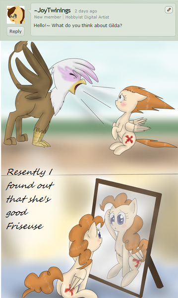 Size: 501x837 | Tagged: safe, artist:askponybrandenburg, derpibooru import, gilda, ponified, gryphon, pony, altered reflection, alternate hairstyle, ask, brandenburg, comic, eyes closed, female, hetalia, mare, mirror, open mouth, reflection, sitting, yelling