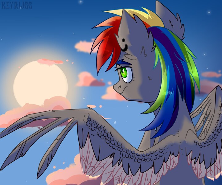 Size: 3000x2500 | Tagged: safe, artist:keyrijgg, derpibooru import, oc, oc:keyrijgg, pegasus, pony, art, cloud, sky, sun, sunset