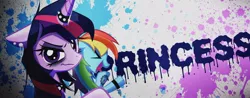 Size: 1050x413 | Tagged: safe, artist:astril, derpibooru import, rainbow dash, twilight sparkle, pony, unicorn, abstract background, bust, choker, duo, ear piercing, earring, eyelashes, eyeliner, eyes closed, horn, horn ring, jewelry, makeup, open mouth, piercing, punk, ring, smiling, smirk, spiked choker, unicorn twilight