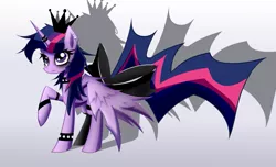 Size: 925x563 | Tagged: safe, artist:astril, derpibooru import, twilight sparkle, twilight sparkle (alicorn), alicorn, pony, bow, bracelet, choker, crown, ear piercing, earring, eyelashes, eyeliner, goth, gradient background, jewelry, makeup, piercing, raised hoof, regalia, solo, spiked choker, spiked wristband, tail bow, wristband