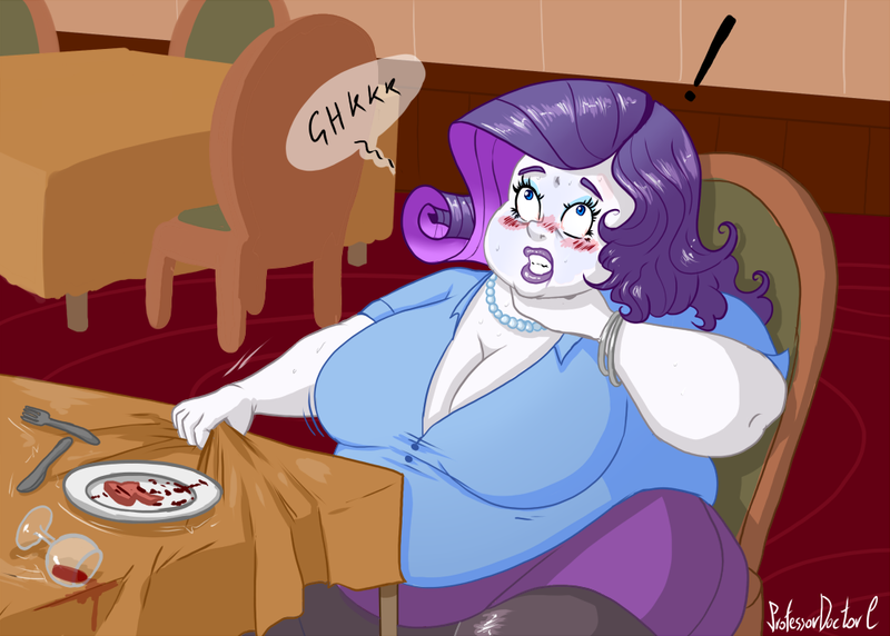 Size: 1000x715 | Tagged: grimdark, artist:professordoctorc, derpibooru import, rarity, equestria girls, bbw, blushing, breasts, busty rarity, choking, cleavage, clothes, eating, exclamation point, fat, female, fork, glass, jewelry, knife, necklace, obese, pearl necklace, plate, raritubby, restaurant, skirt, solo, solo female, spilled drink, ssbbw, stuffed, tablecloth, wine glass